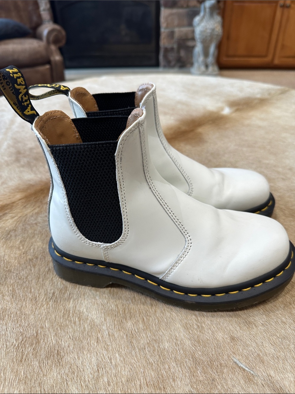 Dr. Martens White Chelsea Boots with Black Elastic and Yellow Stitching